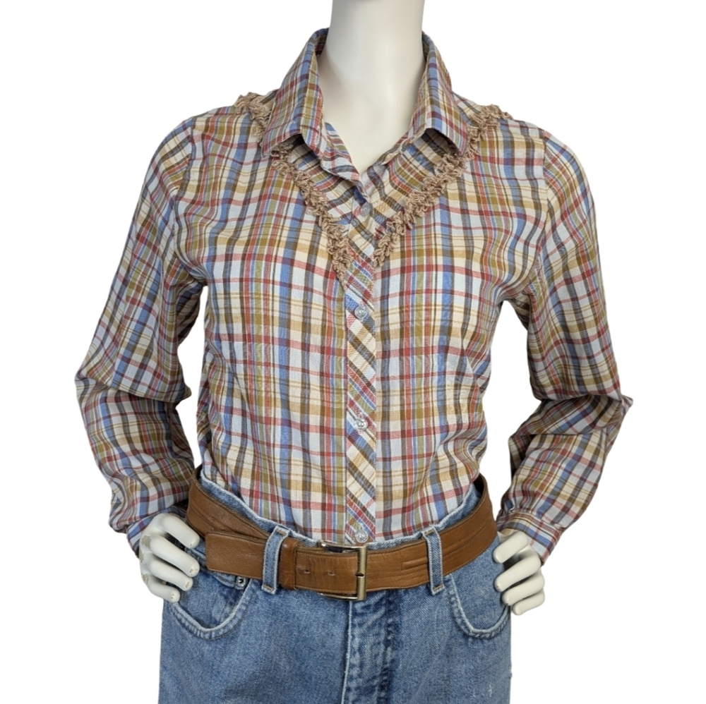 Vintage Western Plaid Blouse with Looped Fringe Yoke, Size Small, Prairie